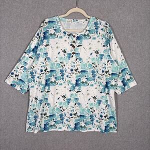 Abstract Watercolor Tunic Top 2X Blue Green Henley Thin Jersey Stretch Artsy